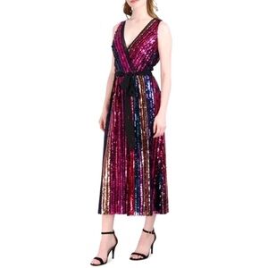 Julia Jordan Rainbow Sequin Stripe Faux Wrap Midi Cocktail Dress NO BELT